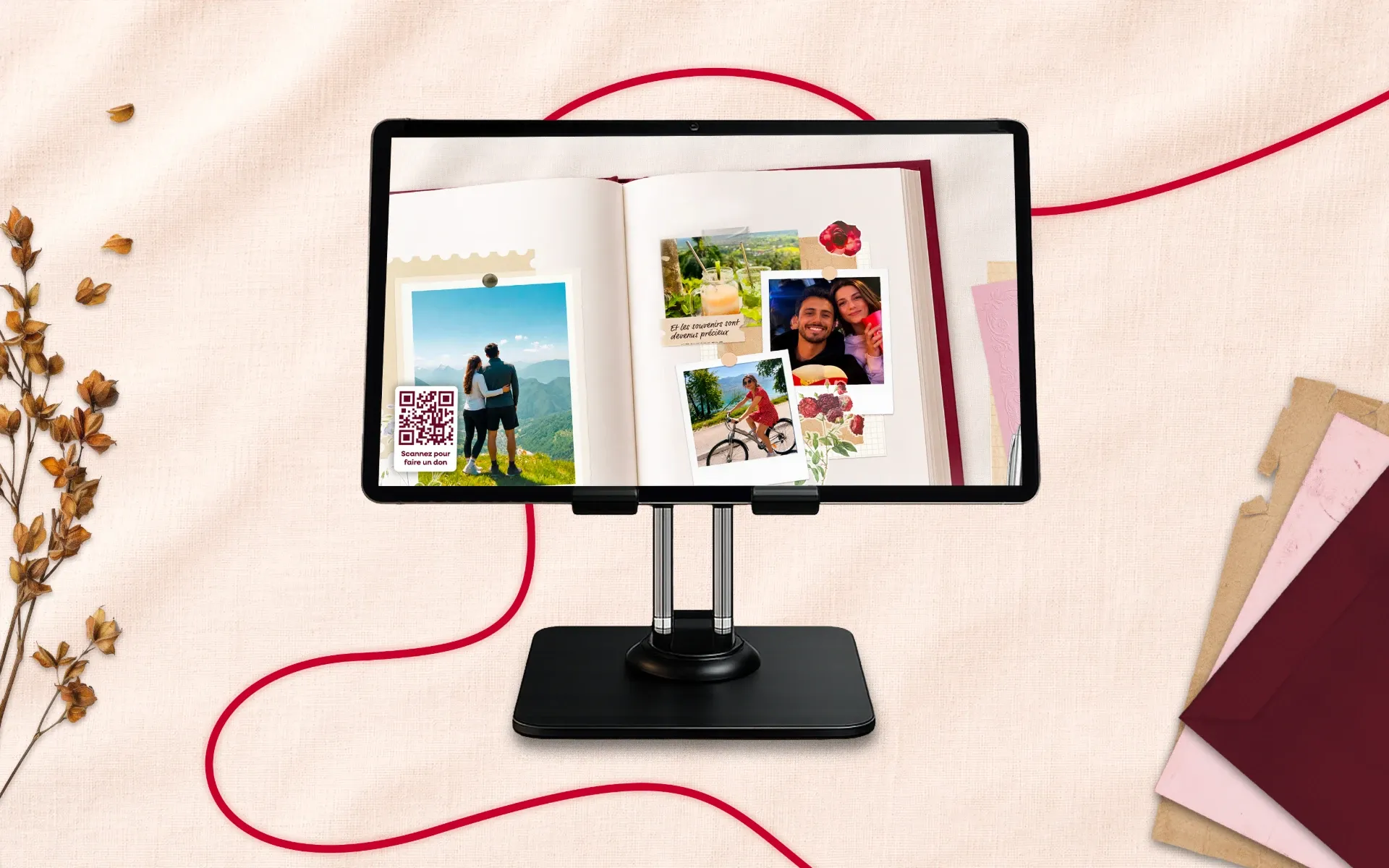 Tablette JOUMI affichant l’univers narratif Fil des Âmes personnalisé avec des photos de mariage.