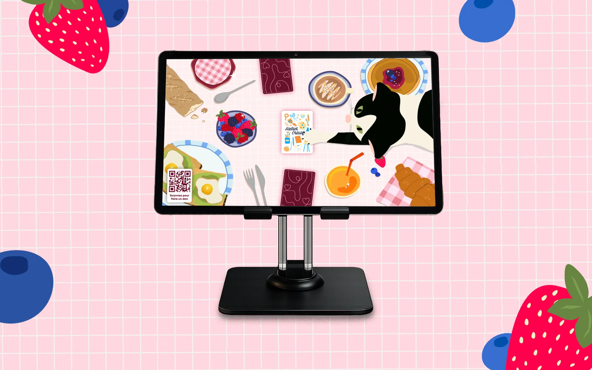 Tablette JOUMI affichant l’univers narratif Moments à deux dans un décor gourmand et romantique.