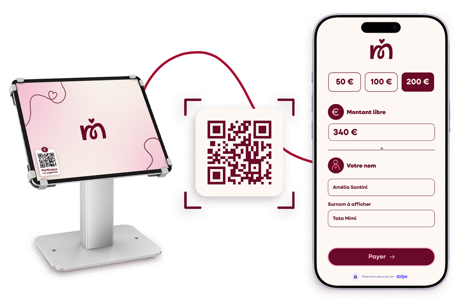 Le jour J Vos invités n’ont plus qu’à scanner le QR Code affiché sur la tablette pour participer à votre cagnotte directement depuis leur smartphone.